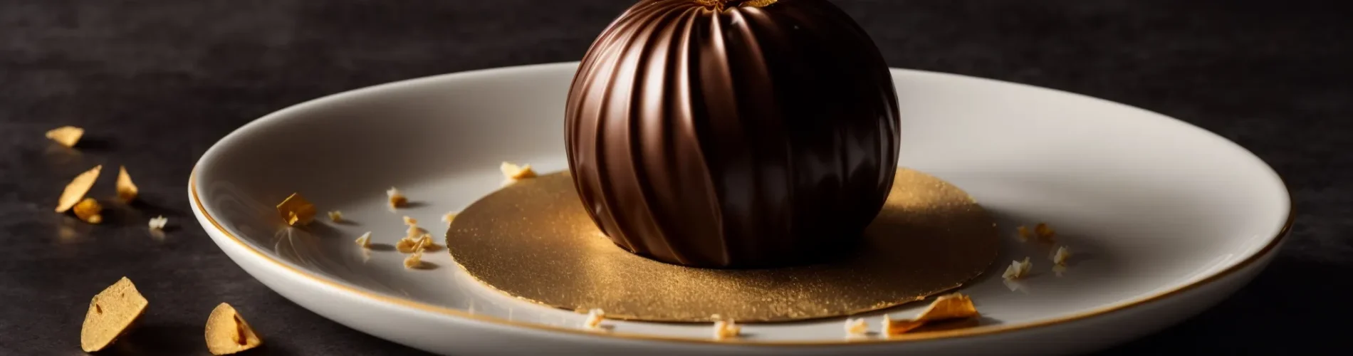 a golden-wrapped mozartkugel chocolate sits elegantly atop a white porcelain saucer against a dark, velvety background.