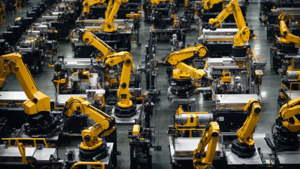 rows of advanced robotic arms efficiently assembling products in a state-of-the-art manufacturing plant.