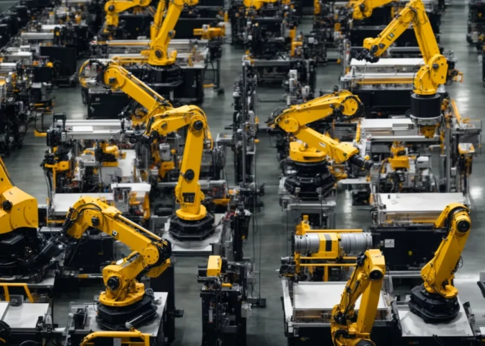 rows of advanced robotic arms efficiently assembling products in a state-of-the-art manufacturing plant.
