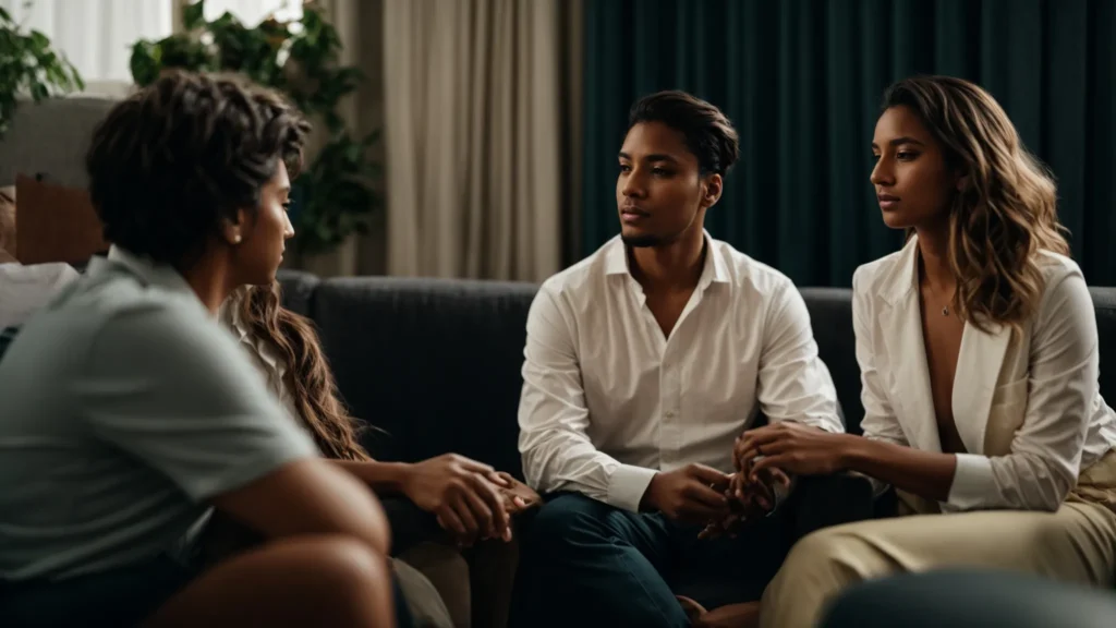a couple sits closely on a sofa, engaging in a deep conversation with a therapist who listens attentively from an adjacent chair.