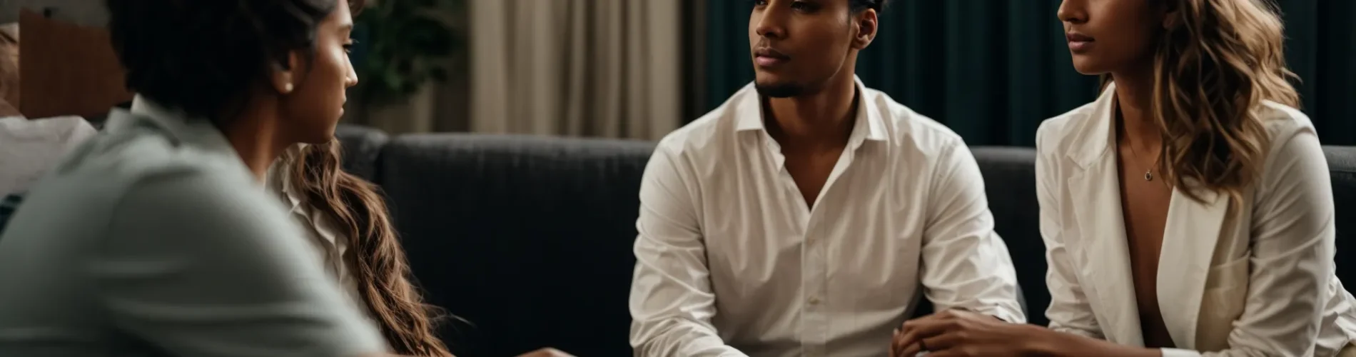 a couple sits closely on a sofa, engaging in a deep conversation with a therapist who listens attentively from an adjacent chair.