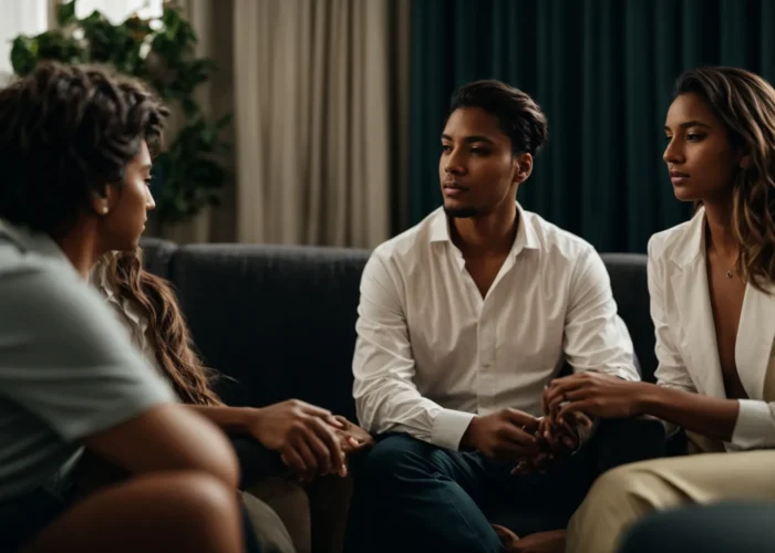 a couple sits closely on a sofa, engaging in a deep conversation with a therapist who listens attentively from an adjacent chair.