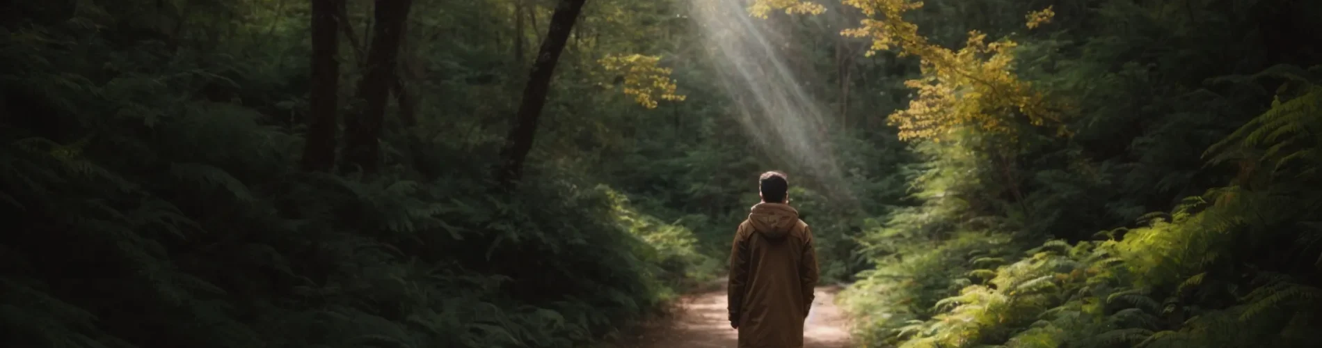 a person stands at the beginning of a bright, winding path leading into a sunlit forest, suggesting a journey of self-discovery.