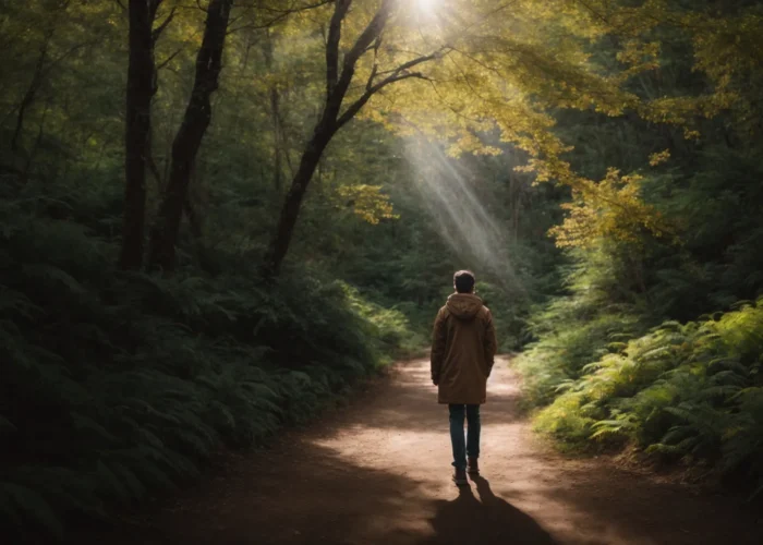 a person stands at the beginning of a bright, winding path leading into a sunlit forest, suggesting a journey of self-discovery.