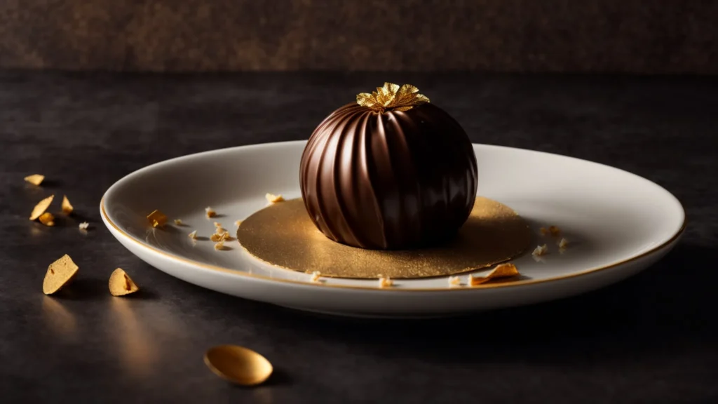 a golden-wrapped mozartkugel chocolate sits elegantly atop a white porcelain saucer against a dark, velvety background.