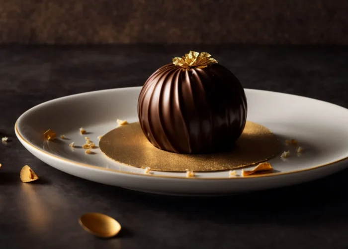 a golden-wrapped mozartkugel chocolate sits elegantly atop a white porcelain saucer against a dark, velvety background.