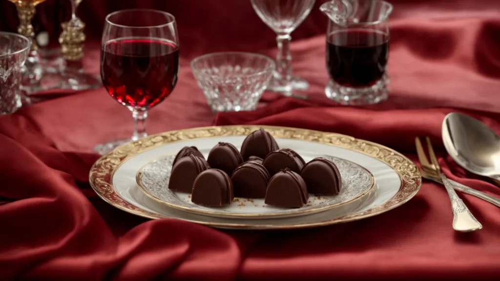 a plate of elegant mozart chocolates is set on a luxurious tablecloth beside a crystal glass of red wine.