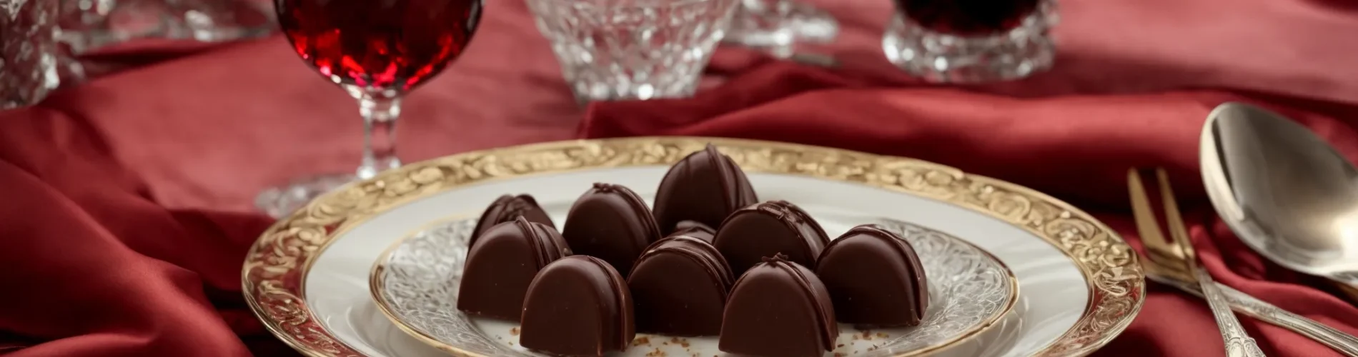 a plate of elegant mozart chocolates is set on a luxurious tablecloth beside a crystal glass of red wine.