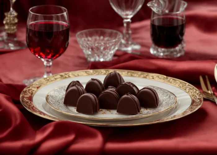 a plate of elegant mozart chocolates is set on a luxurious tablecloth beside a crystal glass of red wine.