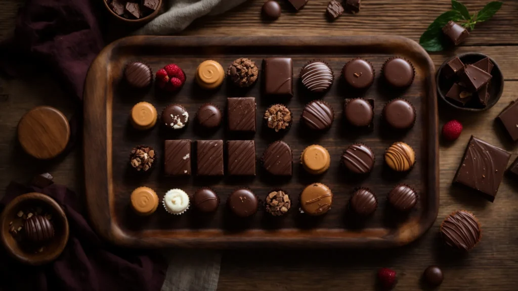 a decadent spread of assorted vegan chocolates sits on a rustic wooden table, invitingly arranged against a soft, natural background.