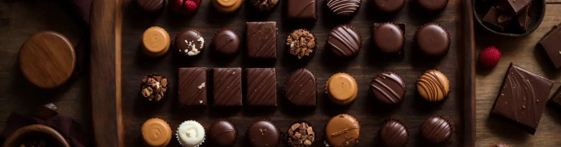 a decadent spread of assorted vegan chocolates sits on a rustic wooden table, invitingly arranged against a soft, natural background.