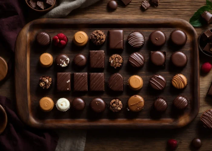 a decadent spread of assorted vegan chocolates sits on a rustic wooden table, invitingly arranged against a soft, natural background.