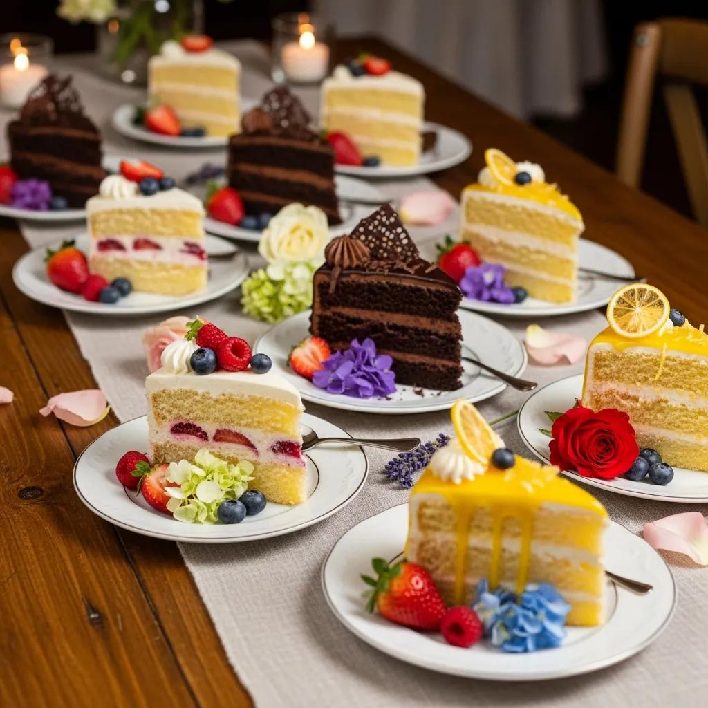 Assorted wedding cake slices featuring popular flavors and garnishes, enhancing the cake tasting experience
