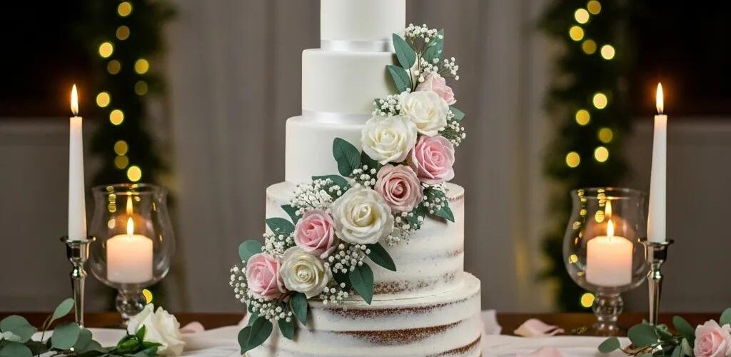 Elegant wedding cake with floral decorations and rustic elements, representing custom wedding cake design
