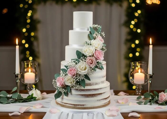Elegant wedding cake with floral decorations and rustic elements, representing custom wedding cake design