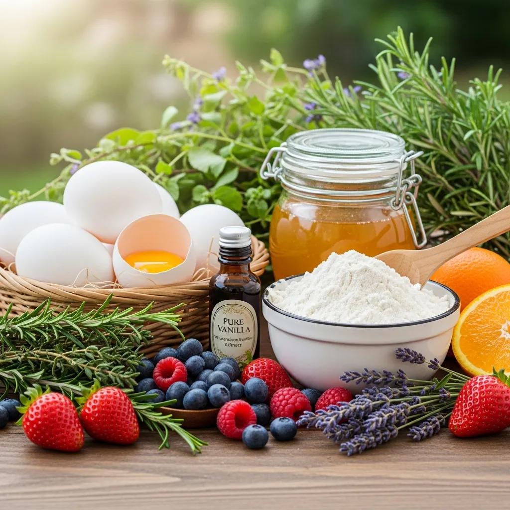 Fresh organic ingredients for wedding cakes, highlighting sustainable and artisan baking choices