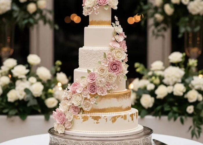 Elegant multi-tiered wedding cake with floral decorations